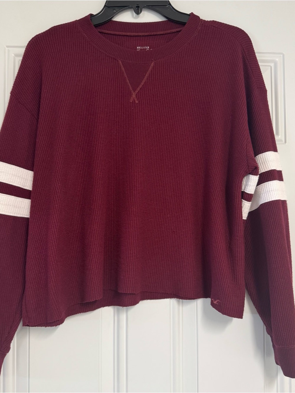 Hollister Burgundy Waffle Crewneck Top with White Sleeve Stripes